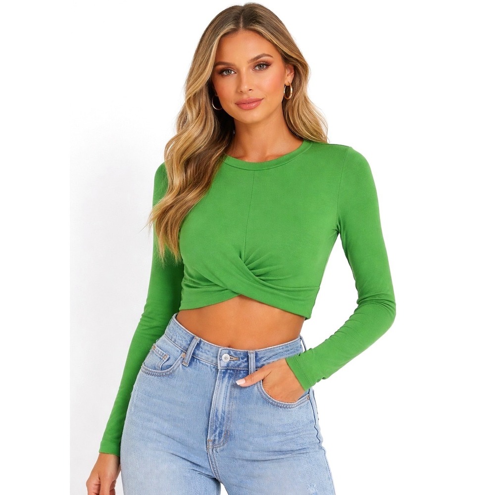 ZARA Green Ribbed Twist‎ Front Long Sleeve Crop Top Shirt S Dopamine Y2K 101-04